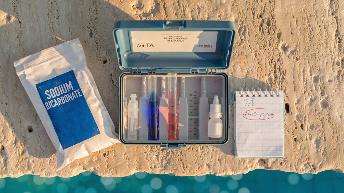 pool alkalinity levels chart test kit on travertine pool deck showing total alkalinity reading of 140 ppm beside sodium bicarbonate bag and pool chemistry log notepad