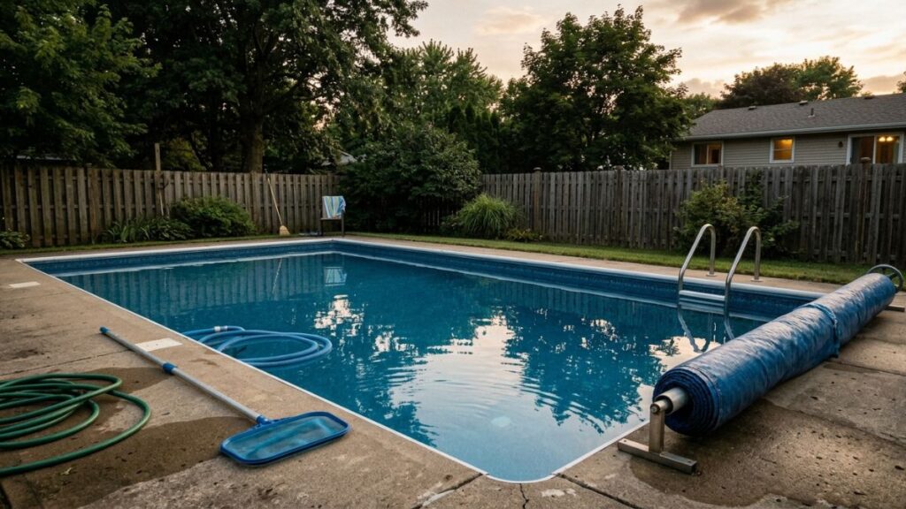 clear balanced pool water at golden hour