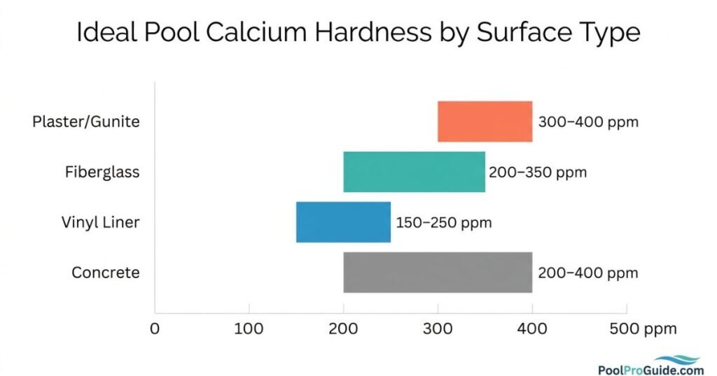 Pool calcium hardness ideal range chart by surface type — plaster, fiberglass, vinyl, concrete