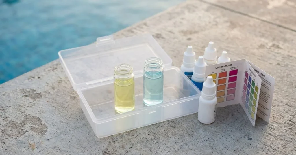 Taylor Technologies K-2006 test kit showing calcium hardness test vials on pool deck