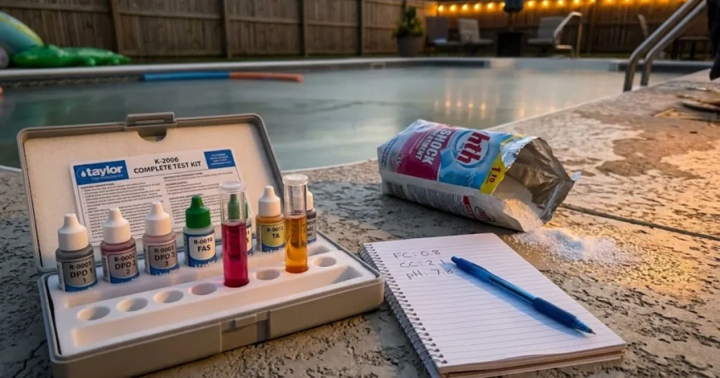 How to Fix Pool Chemistry After a Pool Party Fast Taylor K-2006 test kit showing high combined chlorine after pool party beside HTH shock bag on concrete deck at night