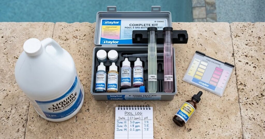 Pool chemistry test kit on stone pool deck showing
near-zero free chlorine reading in test tube beside
liquid chlorine jug and pool chemistry log notepad