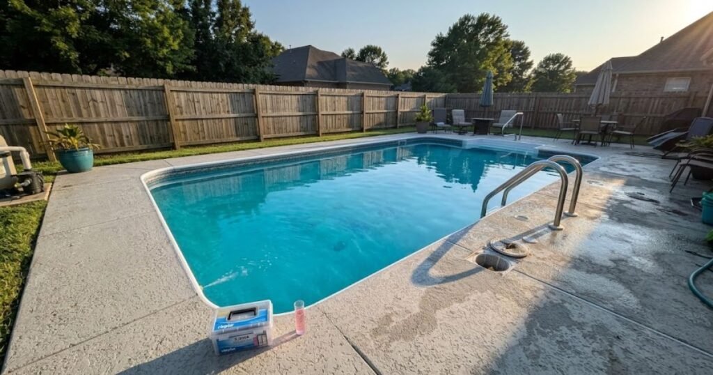 pool water clear and turquoise the morning after a pool party following same-night shock treatment and overnight filtration