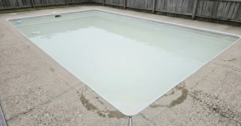 pool cloudy after shock with milky white opaque water from calcium precipitation in residential backyard in-ground pool