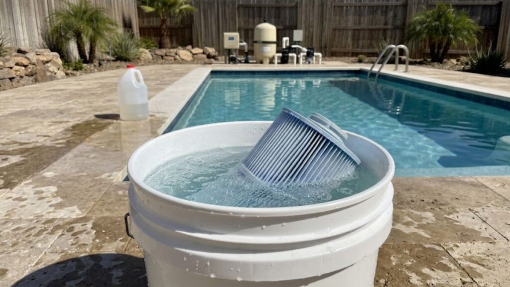 Pool filter cartridge soaking in diluted muriatic acid. How to Clean Pool Filter With Muriatic Acid