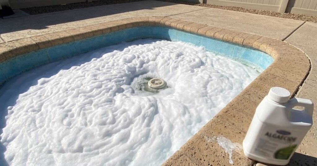 Foamy Pool Water Dense stable white foam buildup on pool water after algaecide overdose in a residential pool