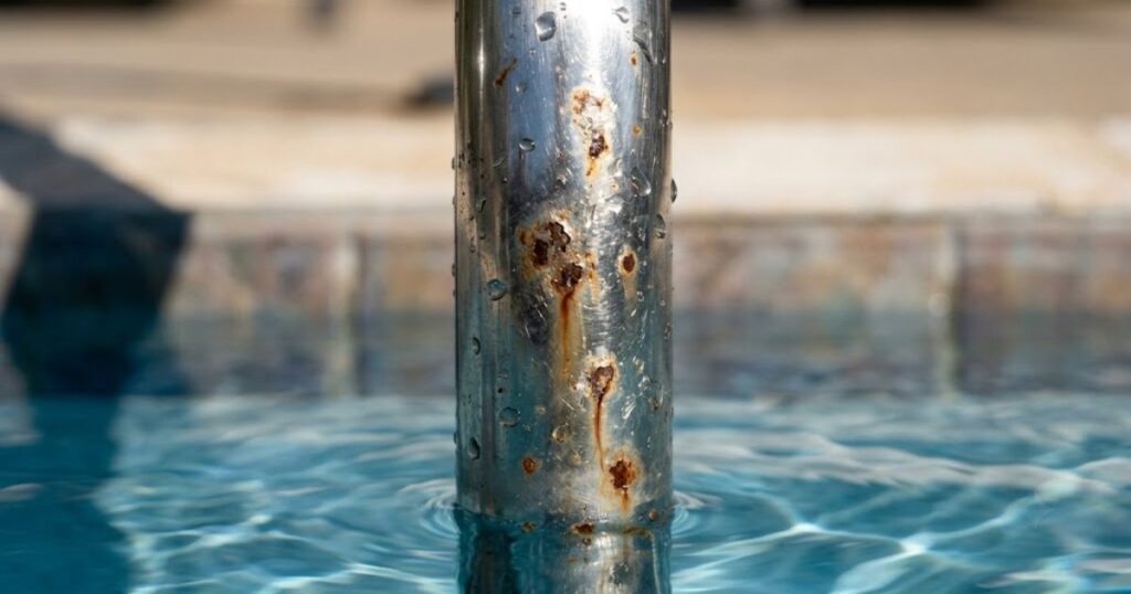 Close-up of stainless steel pool ladder showing
rust spots and surface corrosion at the waterline,
caused by low pH acidic pool water
