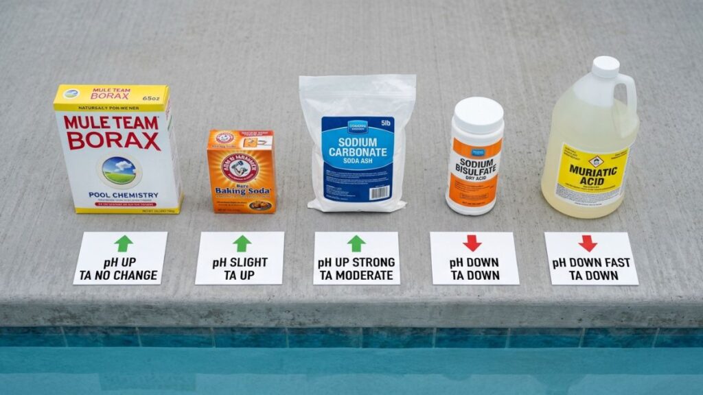 five pool chemistry products lined up on concrete pool deck for
comparison, from left 20 Mule Team borax, baking soda box, soda
ash bag, dry acid container, and muriatic acid jug, each with a
label card showing their effect on pH and total alkalinity