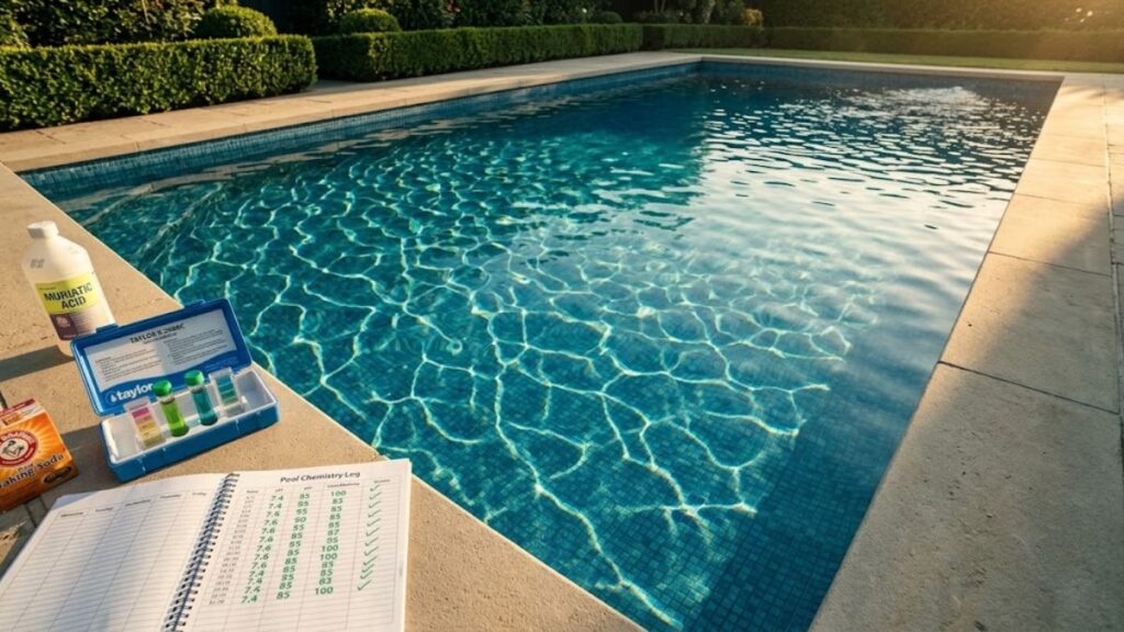 perfectly balanced backyard swimming pool with crystal clear water
after correctly fixing both total alkalinity to 95 ppm and pH to
7.4 in the right order, test kit on pool deck showing ideal readings
with pool chemistry log showing stable week of consistent results