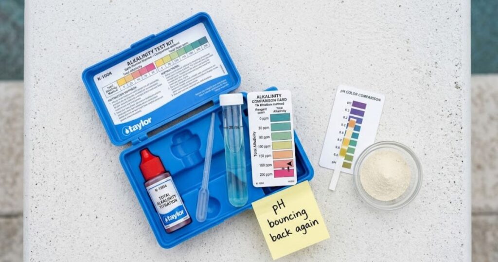 Overhead view of pool alkalinity and pH test
results on concrete deck showing high TA reading
of 180 ppm causing pH to bounce back to 8.2
after acid correction