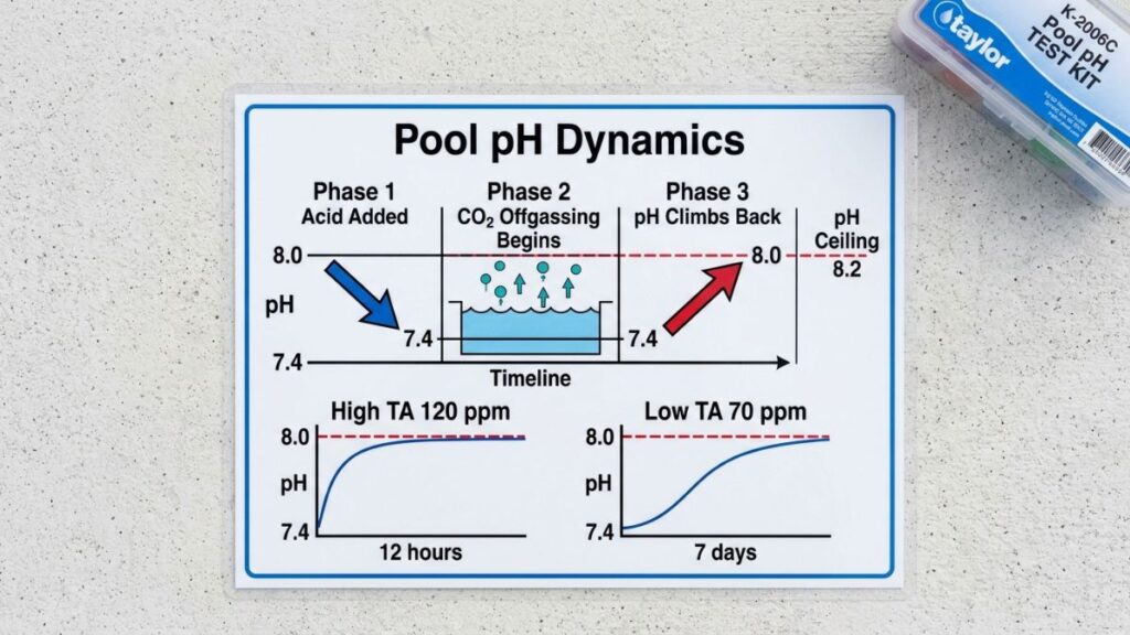 Pool pH Bouncing Back After Adding Acid laminated pool pH ceiling reference card on concrete pool
deck showing pH rising from 7.4 to 8.2 ceiling with arrows
indicating CO2 offgassing pushing pH back up after acid
addition, beside pool water test kit