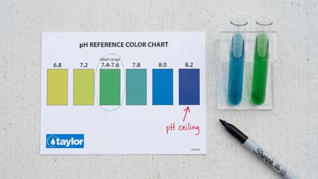 Flat lay of pool pH test color comparison chart on concrete deck showing pH scale from 7.0 to 8.4 with natural ceiling marker at 8.2, beside pool water test tubes showing current pH reading
