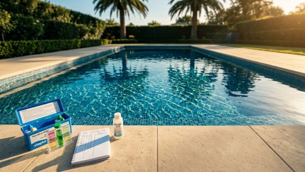perfectly stable crystal clear backyard swimming pool with
balanced pH after correcting total alkalinity to stop pH
bouncing back after acid, Taylor test kit on pool deck
showing ideal green pH reading of 7.4