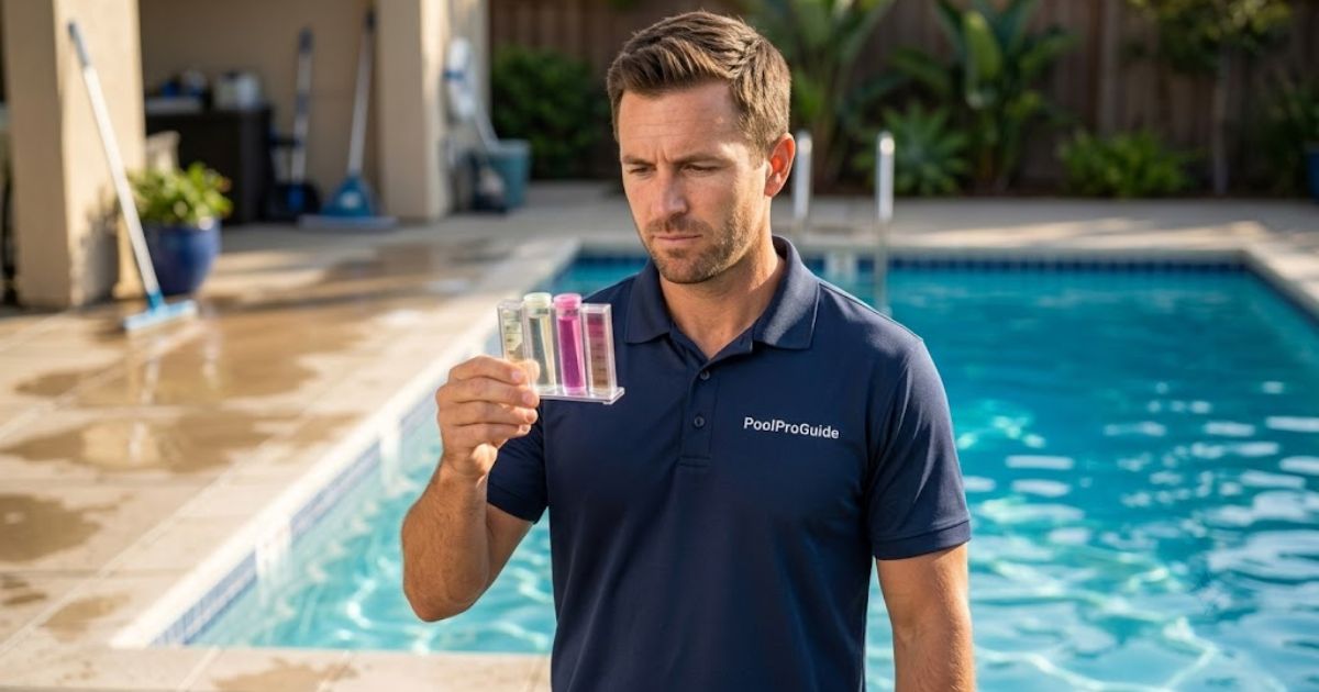 Pool pH is Normal but Chlorine is Not Working. Professional pool technician from PoolProGuide checking chlorine and pH test results beside a clear backyard swimming pool