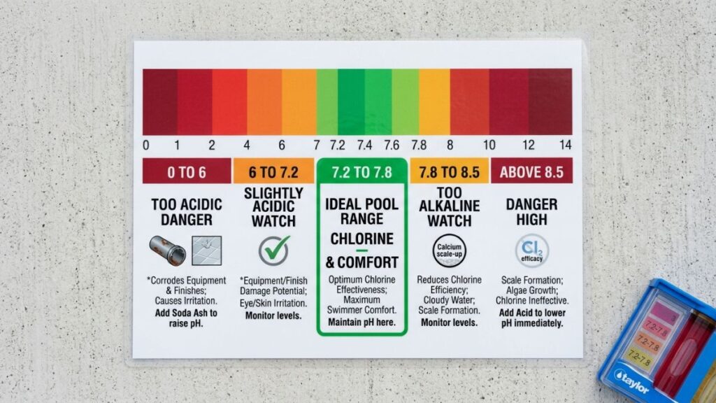 laminated pool pH scale reference card on concrete pool deck showing
full 0 to 14 pH scale with ideal pool range of 7.2 to 7.8 highlighted
in green, low danger zone in red and high danger zone in orange-red