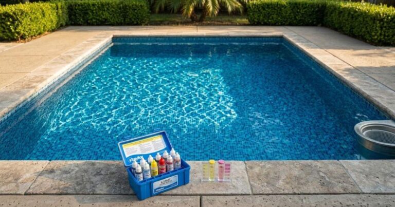 pool ph too high or too low , Taylor K-2006C pool test kit with pH and chlorine test tubes on a stone pool deck beside a crystal clear backyard swimming pool