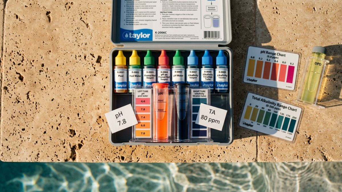 Pool pH vs Total Alkalinity - Taylor K-2006C pool test kit on travertine pool deck with pH test tube on left showing orange-pink color and alkalinity titration tube on right with endpoint color, two separate test results showing pool pH vs total alkalinity are different measurements