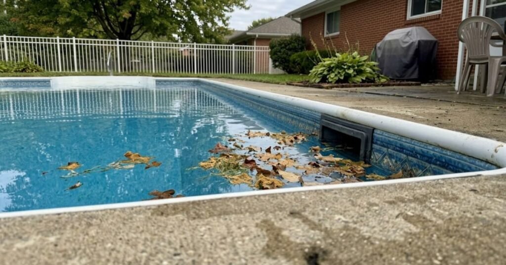 Pool Phosphates Leaves and pollen collecting along the edge of a residential backyard swimming pool