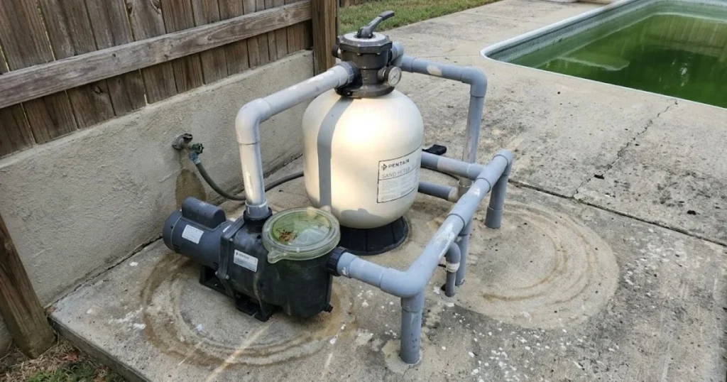 Pentair pool pump and sand filter running continuously at 22 psi after shocking green pool to remove dead algae through filtration