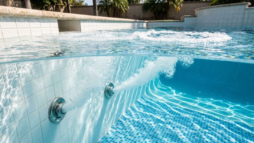 swimming pool return jets pointed upward breaking water
surface and creating foam bubbles and aeration that raises
pool pH naturally without affecting total alkalinity through
CO2 release