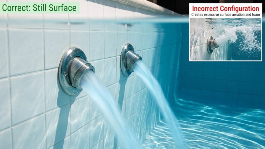 two stainless steel pool return jet fittings angled slightly
downward in white pool tile wall showing correct positioning
to minimize surface aeration and prevent pool pH from
bouncing back after acid treatment