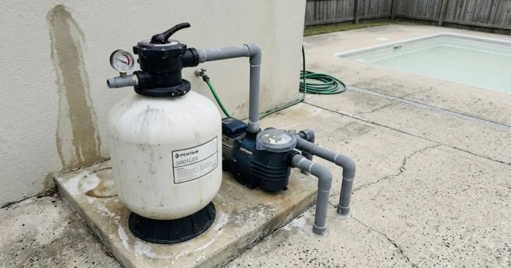 pool sand filter running at high pressure 26 psi after shock treatment needing backwash to clear cloudy pool water debris