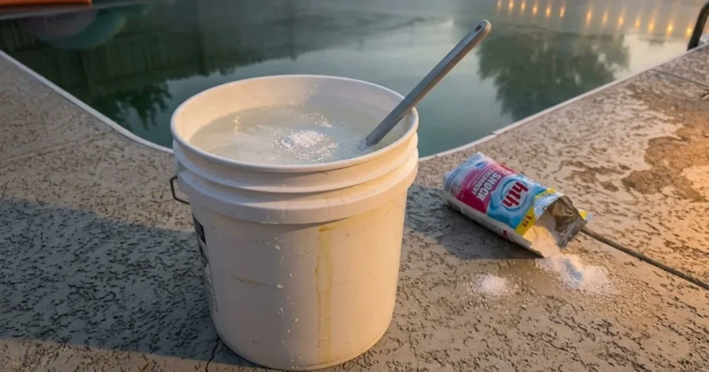 HTH pool shock pre-dissolving in white five-gallon bucket on pool deck for same-night pool party chemistry recovery treatment