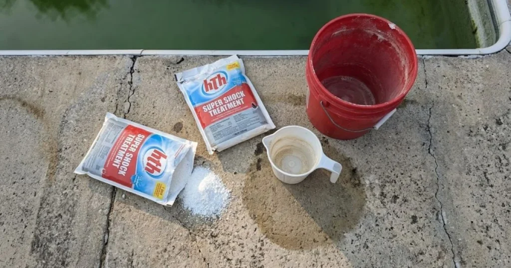 HTH super shock treatment calcium hypochlorite bags on pool deck next to green pool water after failed shock treatment