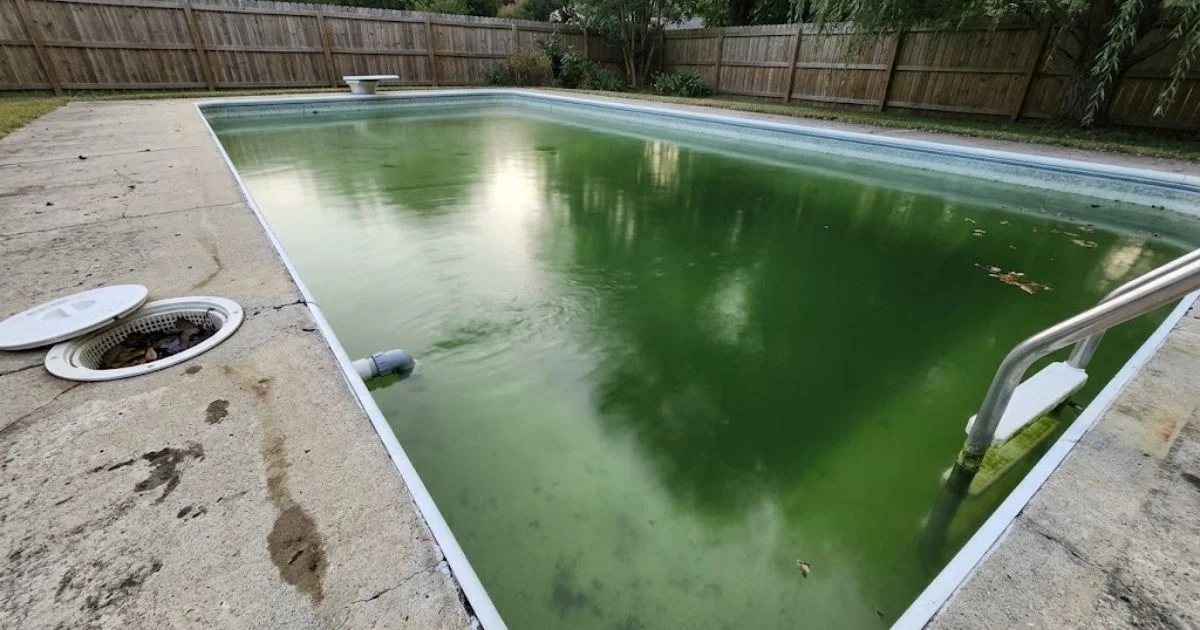 pool still green after shocking with cloudy murky green water and algae bloom in residential backyard in-ground pool