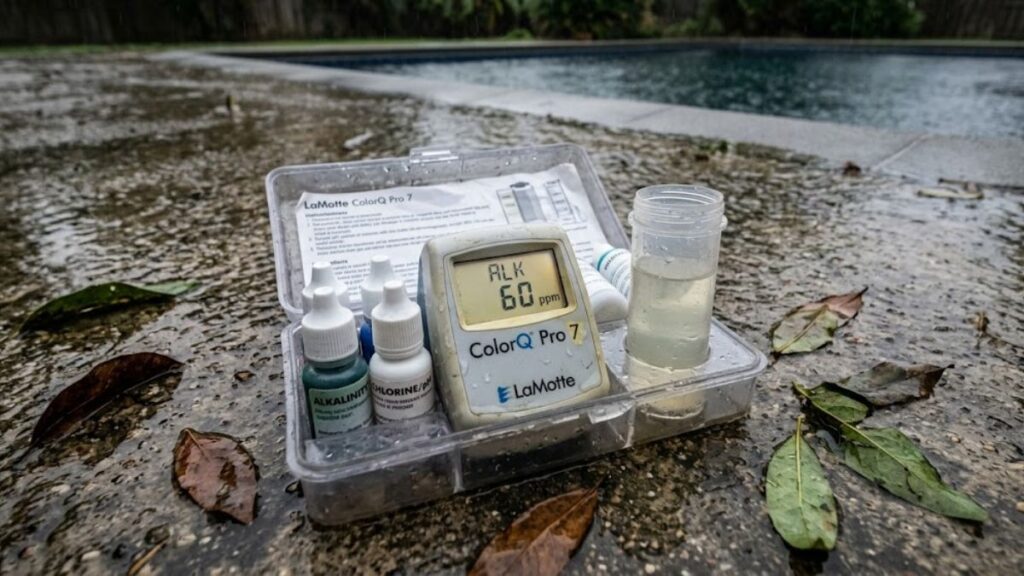 pool test kit showing low total alkalinity reading after rain