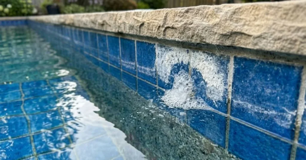 Clean Pool Tile With Muriatic Acid Calcium deposit on pool tile being tested with muriatic acid to identify calcium carbonate scale