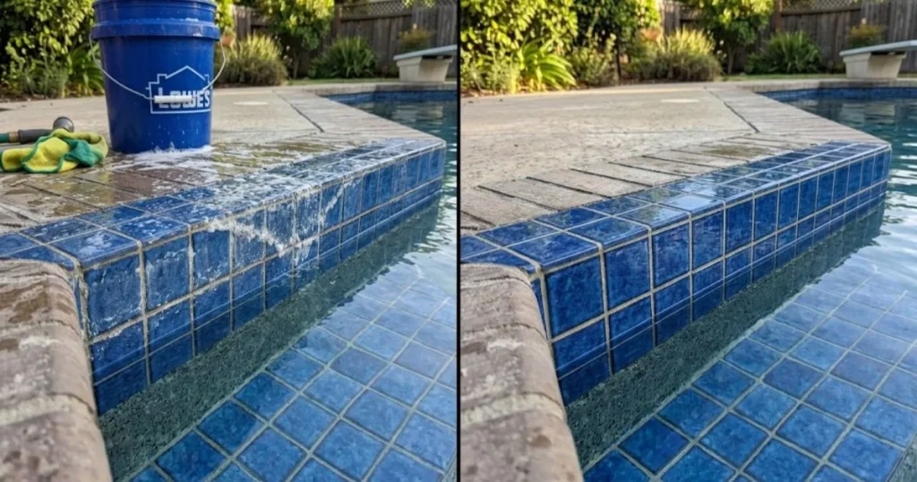Pool tile before and after calcium removal showing cleaner ceramic tiles after muriatic acid treatment