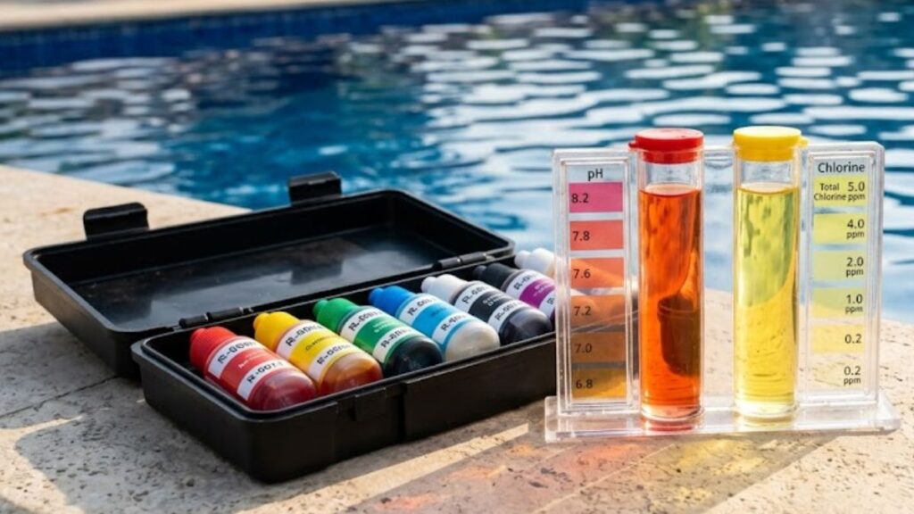 Professional liquid pool water testing kit measuring pH before acid treatment.