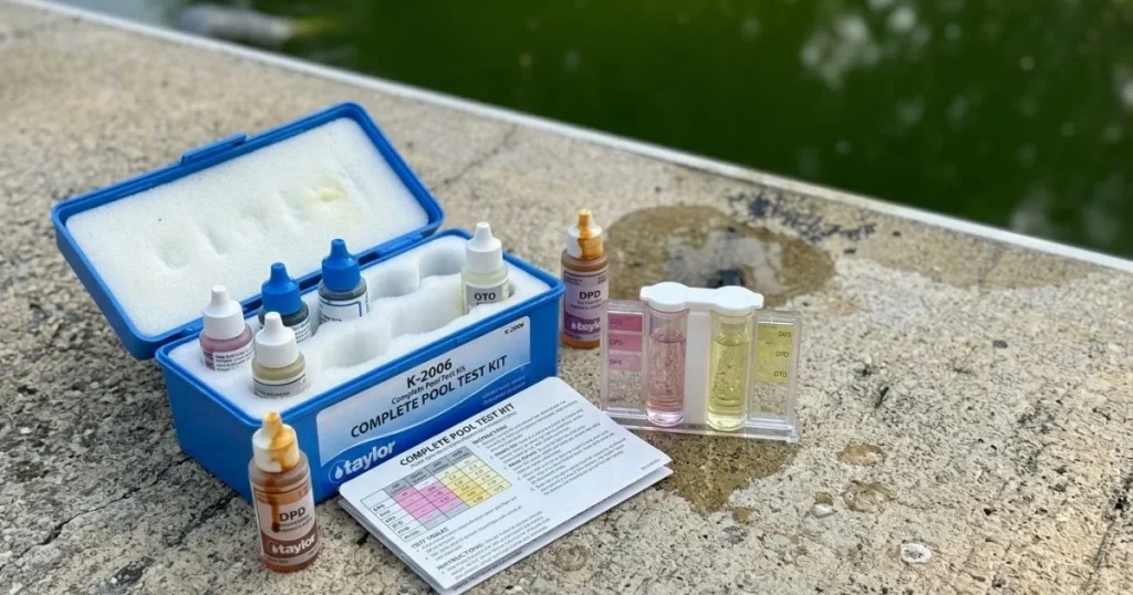 Taylor K-2006 pool test kit testing green pool water chemistry for free chlorine pH and CYA levels on concrete pool deck