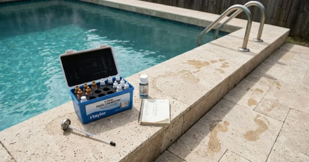 pool water testing kit and supplies laid out beside backyard swimming pool