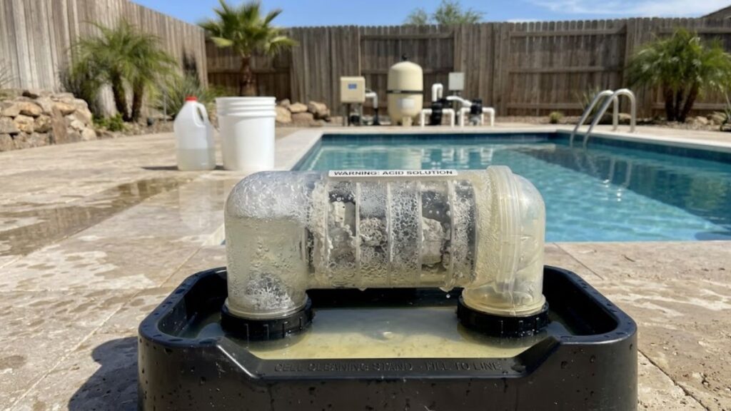 Salt chlorinator cell soaking in muriatic acid to remove calcium buildup.