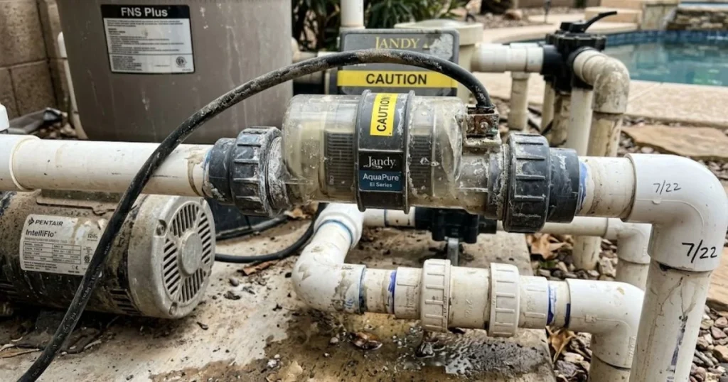 Salt chlorine generator cell installed on pool plumbing system affecting saltwater pool pH