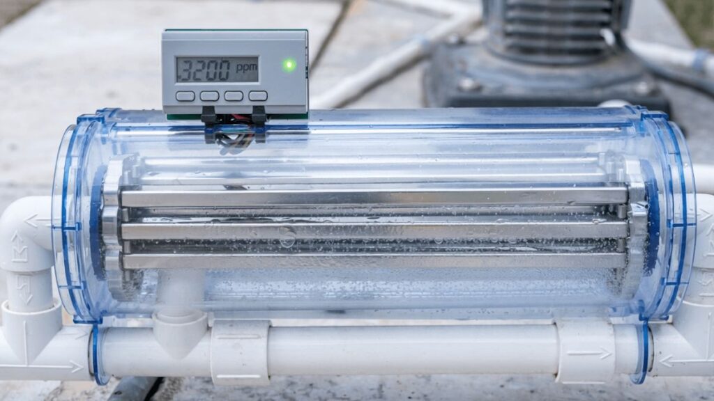 Close-up of a pool salt chlorine generator cell with titanium plates visible inside clear housing, mounted on PVC pipe beside pool equipment pad, showing electrolysis bubbles