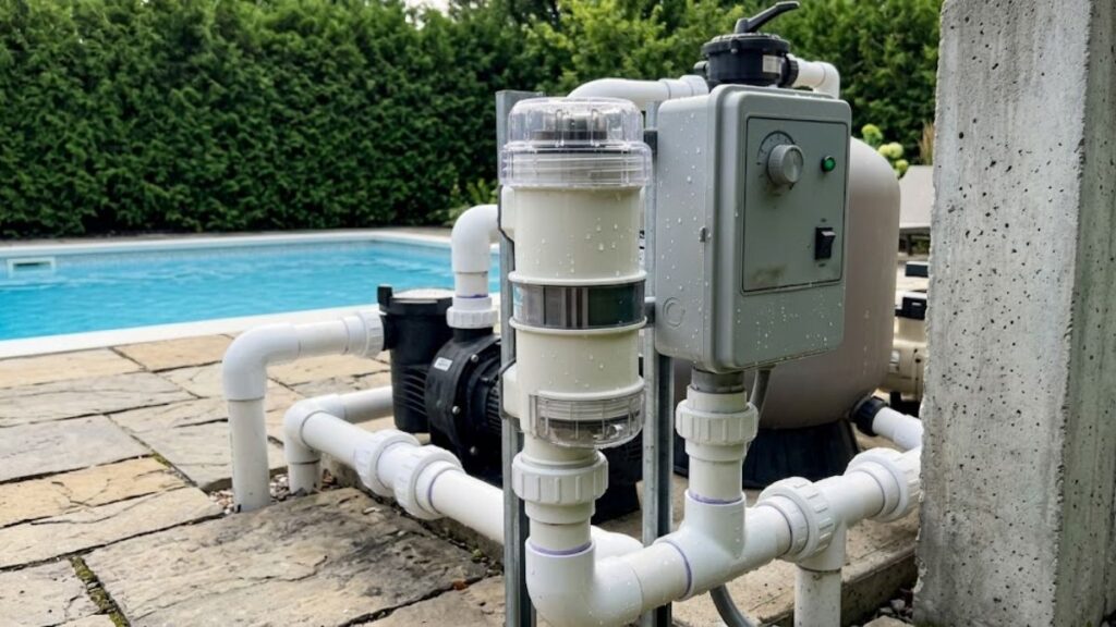 Saltwater Pool pH Always High Salt chlorine generator producing chlorine for a residential swimming pool.