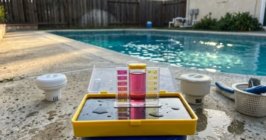 Muriatic Acid for Salt Water Pool Pool water test showing high pH reading in saltwater pool before muriatic acid adjustment