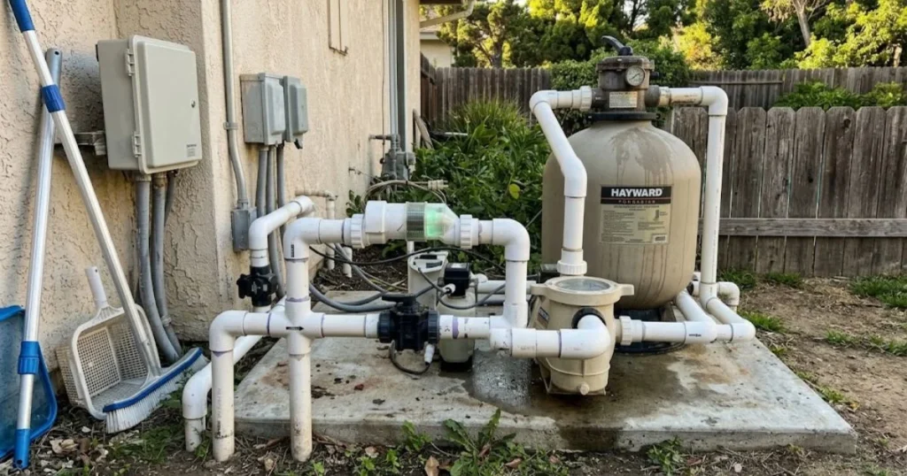 Saltwater pool equipment inspection area for regular pH and chemical maintenance
