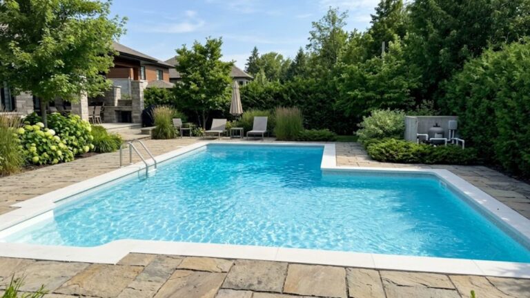 Saltwater pool with clear blue water showing balanced pool chemistry.