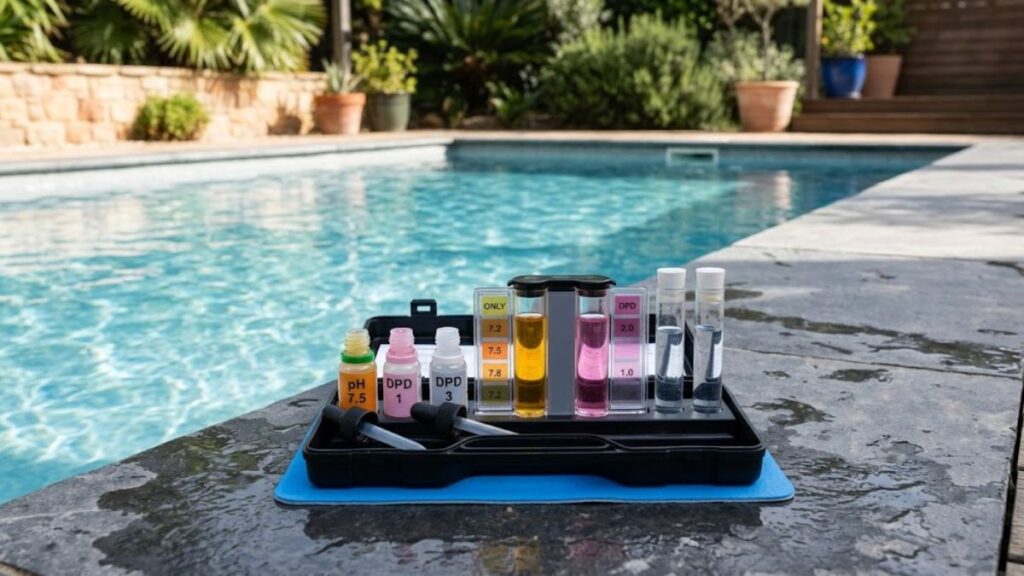 Liquid test kit used to measure pH and alkalinity in a saltwater pool.
