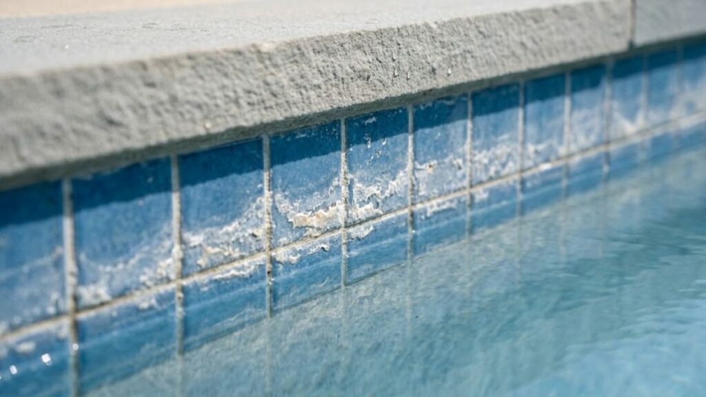 White calcium scale along the swimming pool waterline caused by high pH.