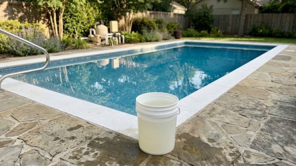 Bucket of diluted muriatic acid ready for the slug dose method in a swimming pool.
