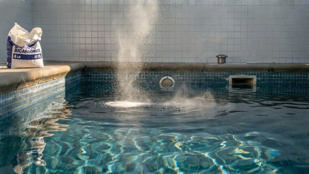 white sodium bicarbonate baking soda powder being broadcast
across deep end of swimming pool to raise low total alkalinity,
powder dissolving into clear blue pool water creating white
cloud dispersing through water