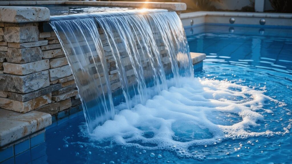 spillover waterfall cascading into swimming pool creating foam and bubbles on water surface that accelerate CO2 loss and cause pool pH to rise