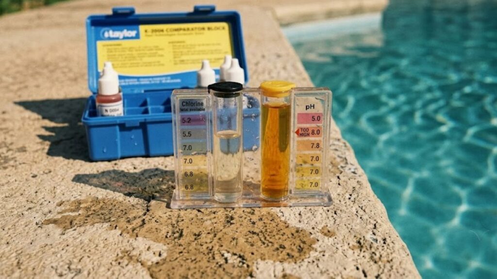 How Much Muriatic Acid to Lower Pool pH: Exact Doses Taylor Technologies K-2006 drop test kit showing pool pH reading of 7.8 on comparator block before adding muriatic acid