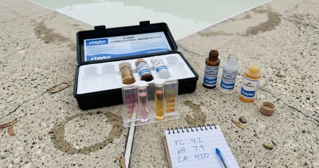 Taylor K-2006 pool water test kit testing pH calcium hardness and free chlorine beside cloudy pool after shock on concrete deck