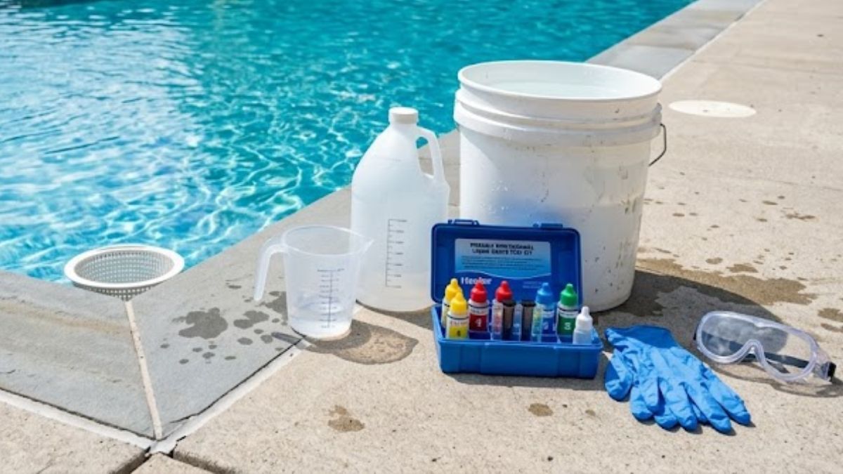 What Does Muriatic Acid Do for a Pool - Pool maintenance supplies beside a crystal-clear residential swimming pool before adding muriatic acid.